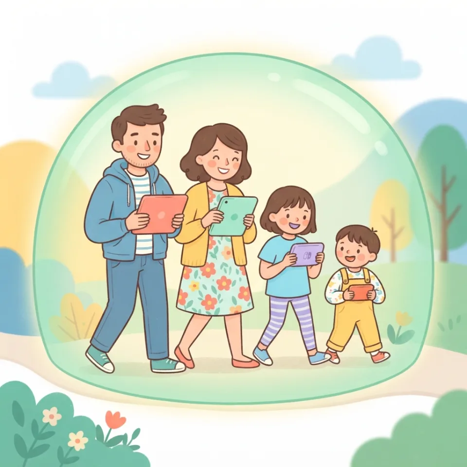 A family walking together inside a protective green bubble
