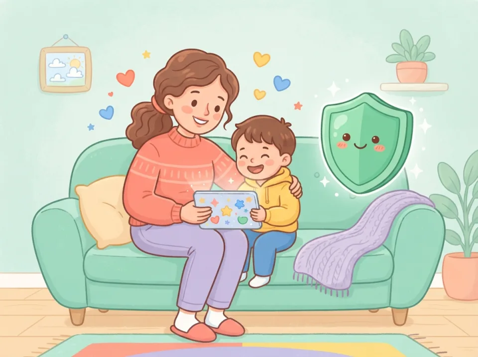 A mom and child enjoying a tablet together while a friendly green shield mascot watches over them