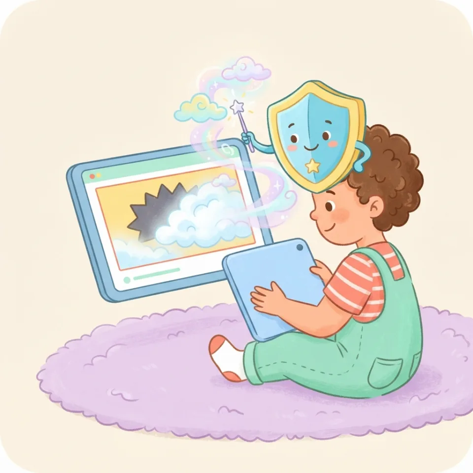 A friendly shield mascot gently blurring a scary video for a child